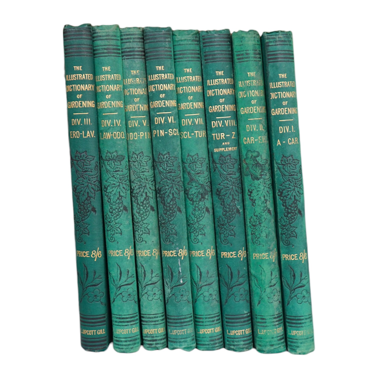 Nicholson, George (editor) - The Illustrated Dictionary of Gardening, 8 vols, 4to, green pictorial boards, c.1885. Condition - poor/fair